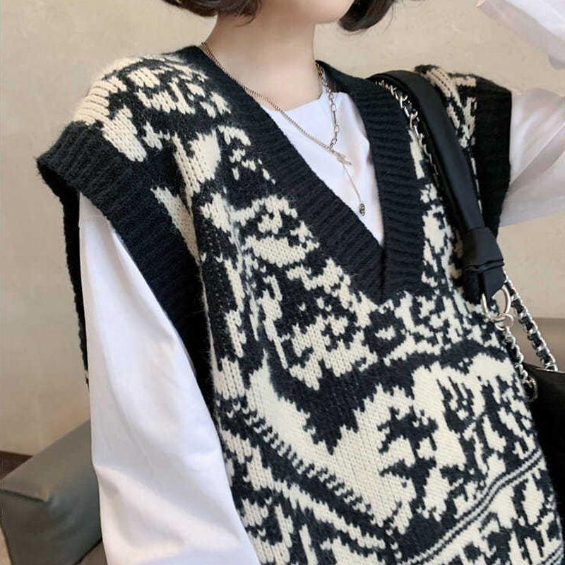 Retro Contrasting Totem Jacquard V-neck Knitted Vest Women's Black and White Patchwork Knitted Pullover Loose Casual Thin Sweater Autumn