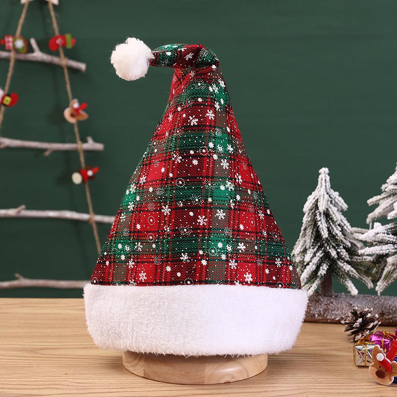 Red & Black Plaid Snowflake Santa Hat with Large Pom-Pom - New Christmas Decorations Set