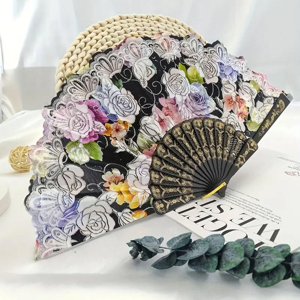 Handheld Embroidery Fan Plastic Chinese Folding Fan Flower Lace Fan Summer