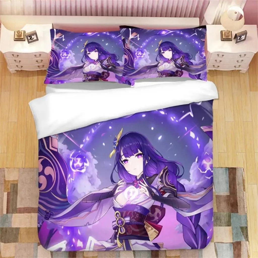 Genshin Impact Raiden Shogun Beding Set Bedrom Soft Modern Bedspreads Comefortable Children Kids Soft Duvet Cover Comfortable Quilt Cover And