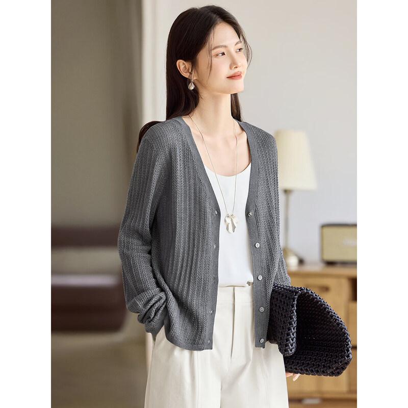 XWI Women s Silk-Wool Blend Hollow-Out V-Neck Short Cardigan M