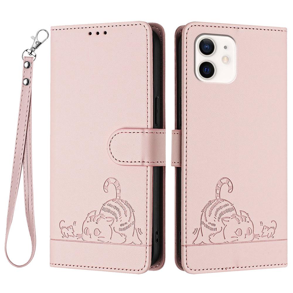 For iPhone 12/12 Pro Case with Strap RFID Blocking Leather Wallet Phone Cover Cat Mouse Pattern