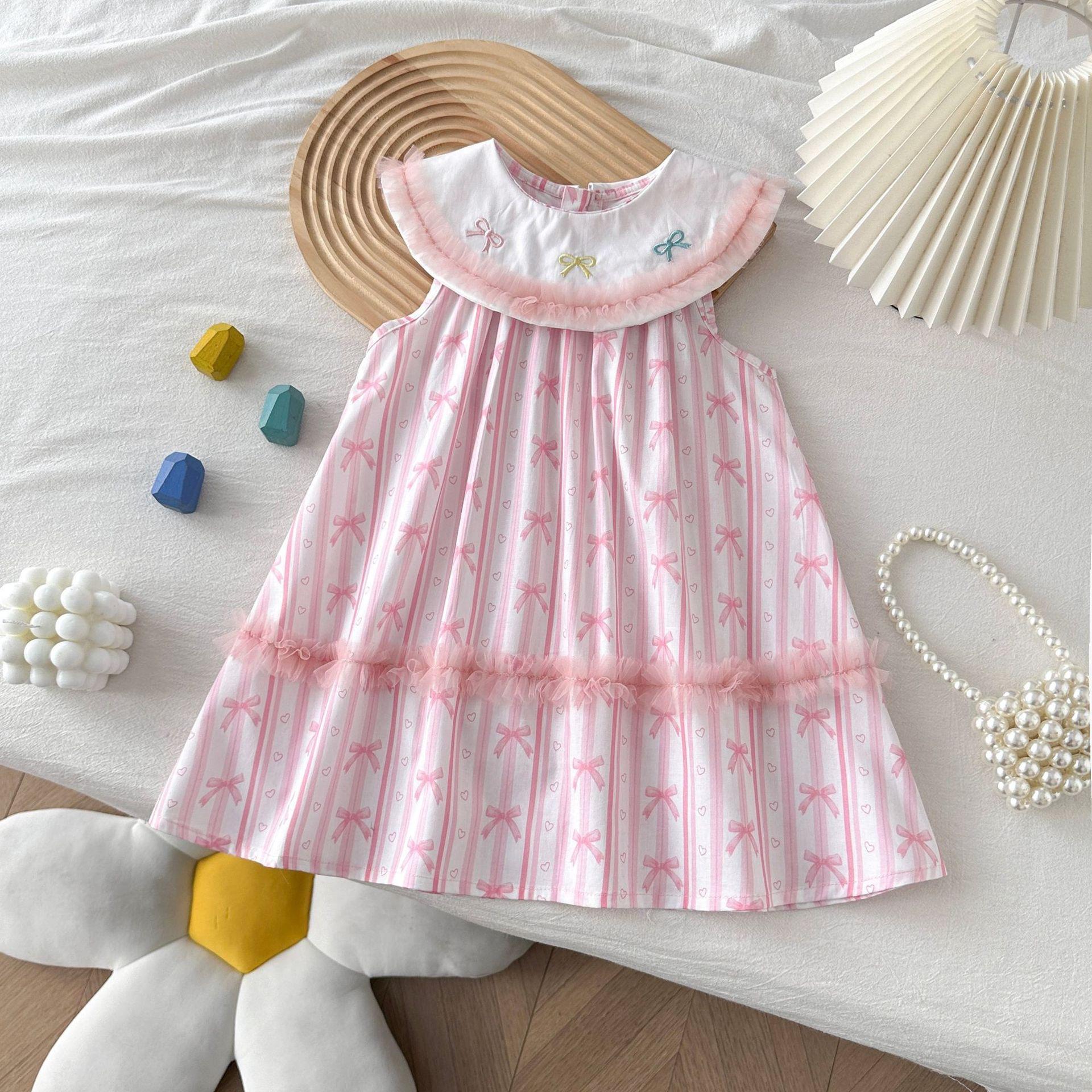 Summer Girls Sweet Princess Dress Sleeveless Vest Dress With Bow Knot Embroidery Design For Kids 90cm