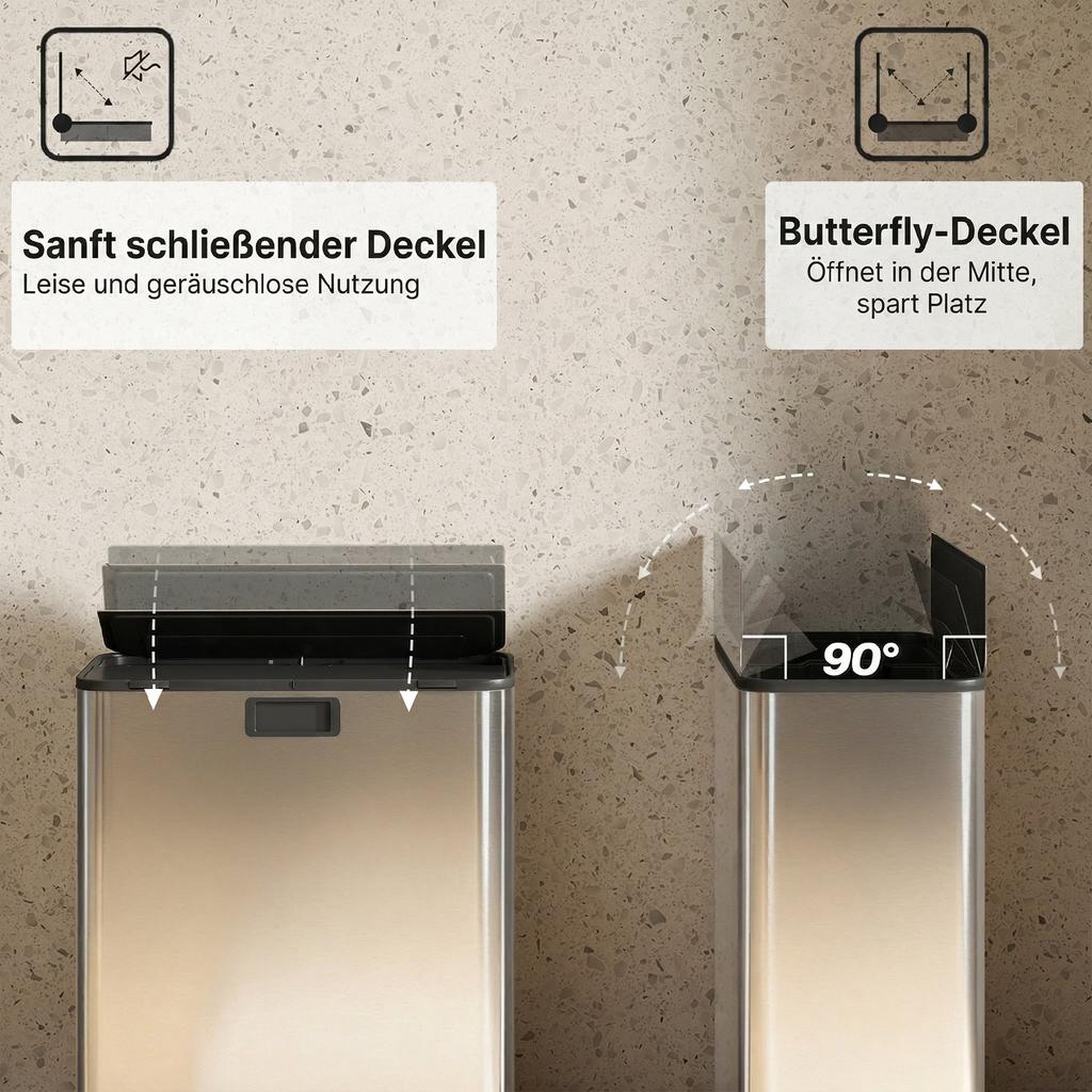 Dual Kitchen Bin with Soft-Close Butterfly Lid, 2 X 28L Stainless Steel Pedal Bin with Removable Inner Buckets