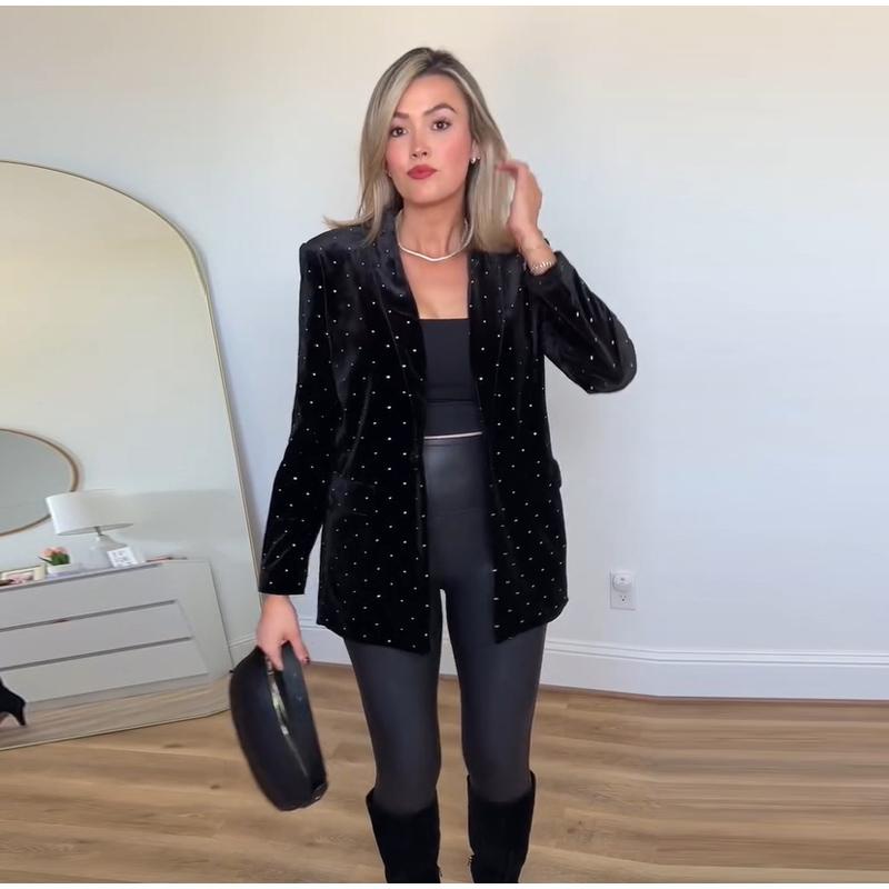 Blazer Feminino de Veludo com Diamantes Moda Slim Manga Longa Jaqueta de Terno Feminino Casaco de Terno Casual 2025 Brilho Office Lady Streetwear