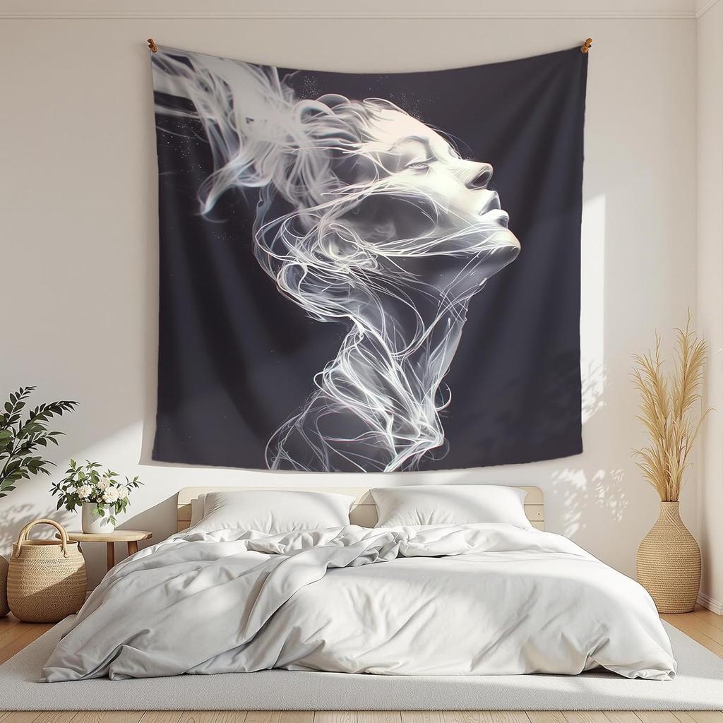 Abstract Smoke Face Tapestry For Living Room  Modern Fluid Line Art Wall Hanging, Black And White Silhouette Portrait Minimalist