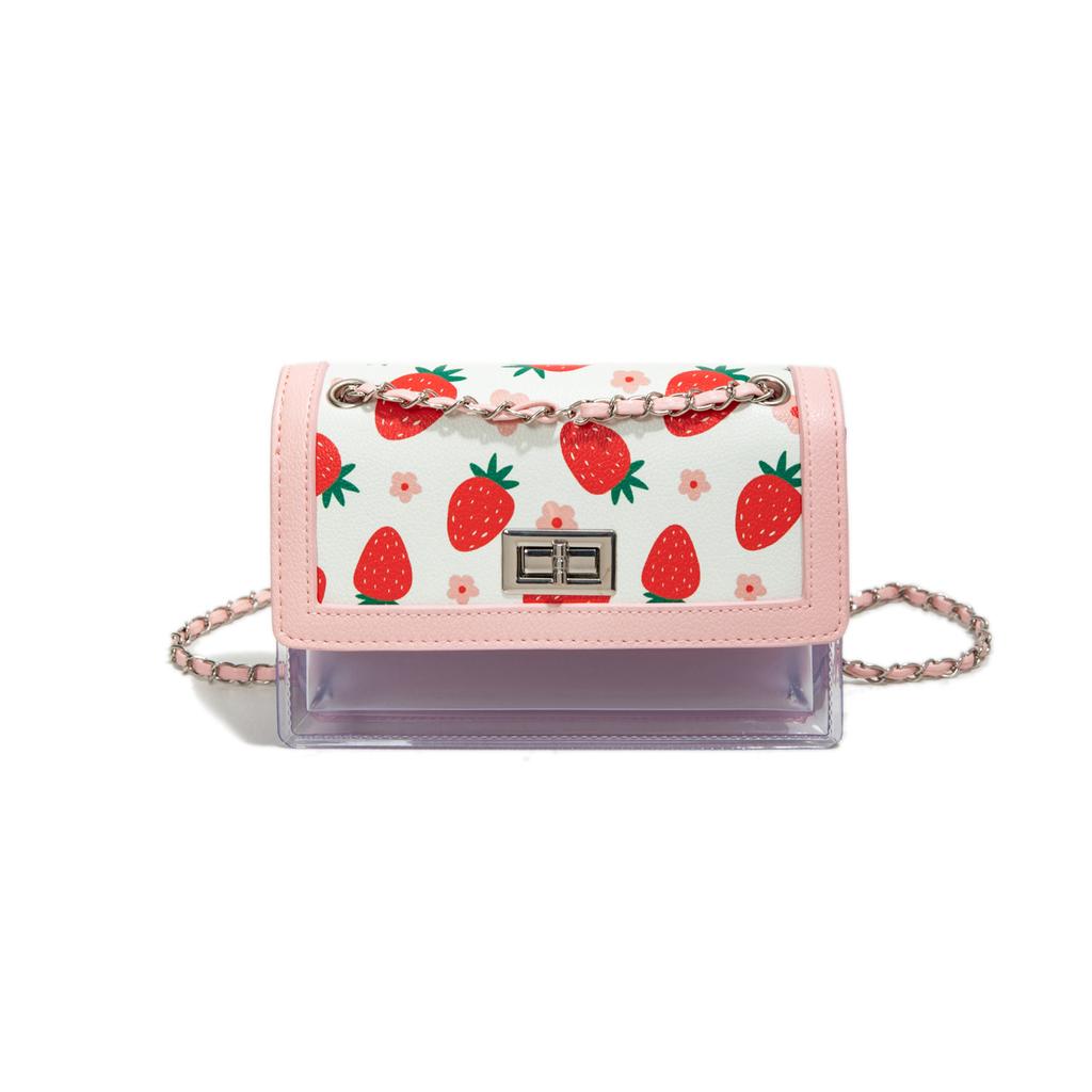 Sommer Gelee transparente Tasche 2025 kleine frische literarische Mädchen bedruckte Erdbeer Schulterkette Crossbody kleine quadratische Tasche Trend