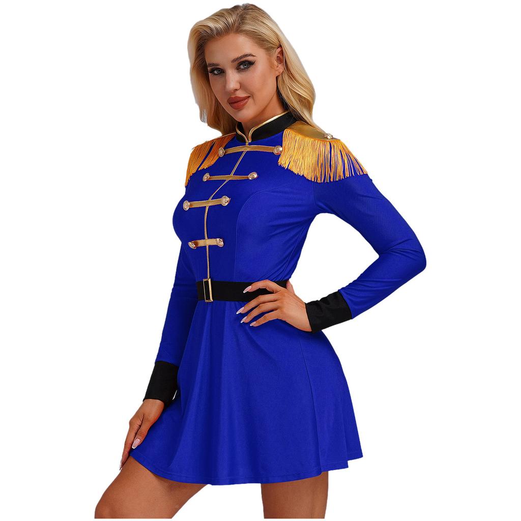 Womens Lion Tamer Costume Tassel Shoulder Long Sleeve Circus Ringmaster Dress Belted Halloween Outfit
