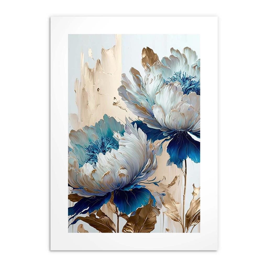 Elegancki Obraz Plakat ścienny Niebiesko Złote Kwiaty na ścianę Glamour