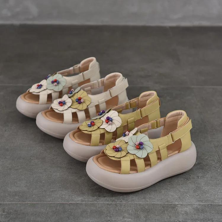 Johnature Retro Genuine Leather Flower Flat Platform Sandals Versatile Soft Soled Women's Shoes