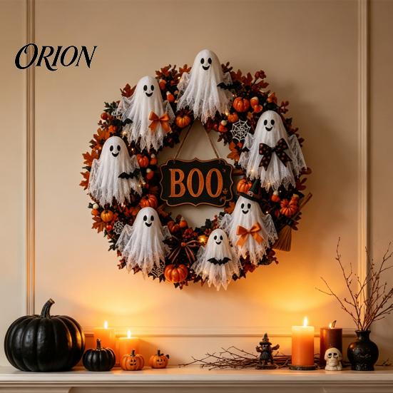 Window Hanging Ornament Halloween Boo Ghost Wreath, Spooky Door Decoration with Pumpkins Wreath And Spider Webs for Front Porch, Farmhouse Wall Decor