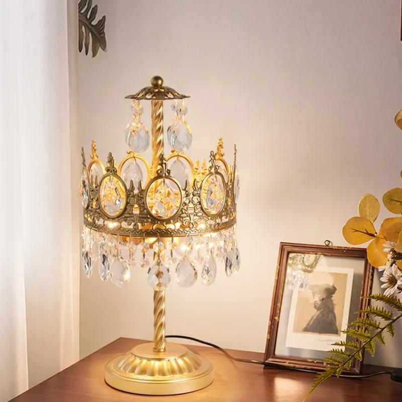 French Crown Brass Mid-Ancient European Table Lamp Retro Creative Crystal Bedroom Bedside Lamp