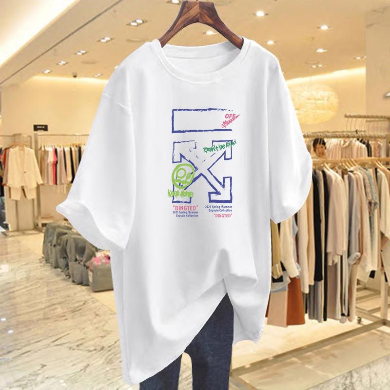 

2025 summer new short-sleeved t-shirt women s ins crew neck printed top fashionable large size women s clothing one piece hair S