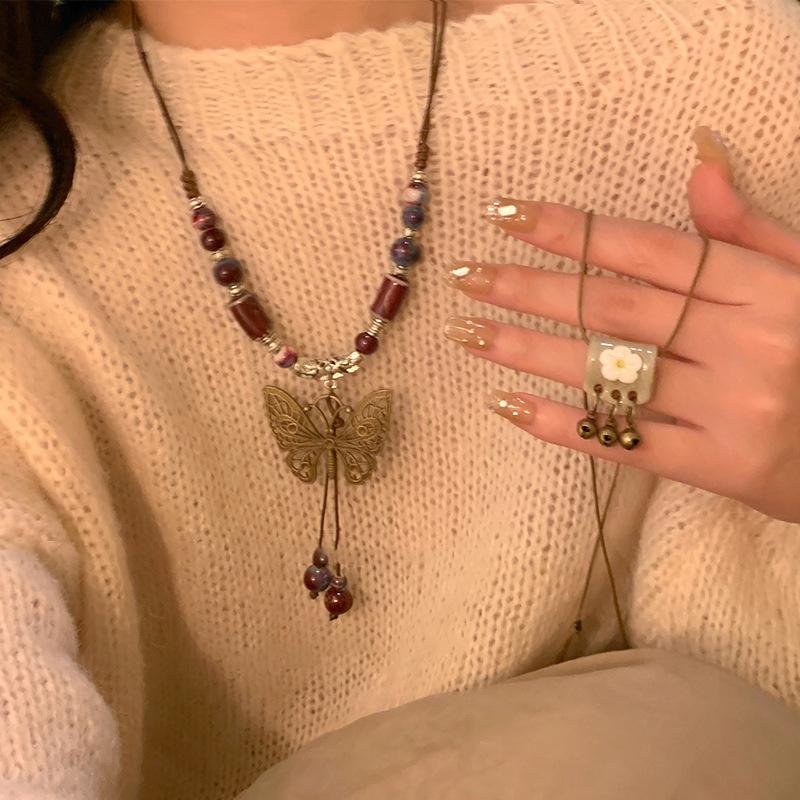 

2024 Vintage Chinese National Style Butterfly Necklace with Long Tassel Beads for Women