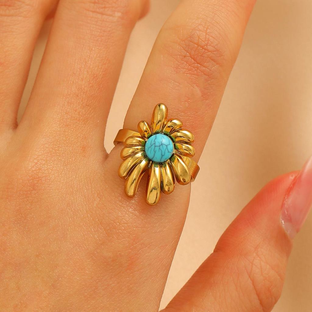 Vintage Turquoise Stainless Steel Open Finger Ring for Women