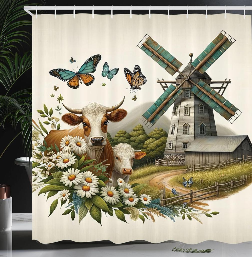 Hippie Shower Curtain, Daisy Look Flowers on Abstract Groovy Style Waves Retro 60s 70s Vibes, Cloth Fabric Bathroom Decor Set