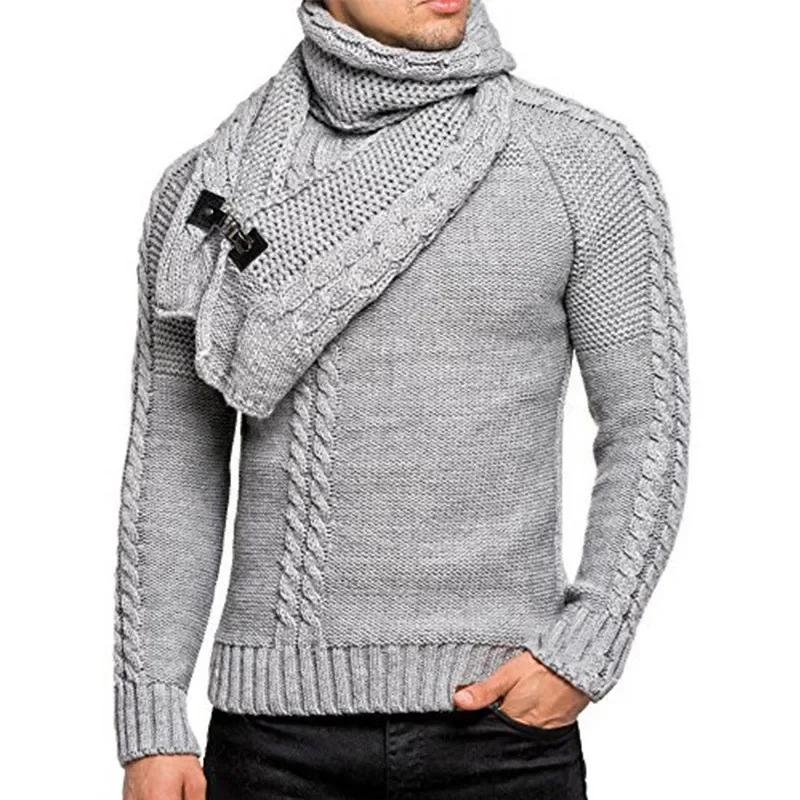 Winter Men's Fashionable Knitted Sweater with Detachable Scarf Twist Pure Color Casual Pullovers