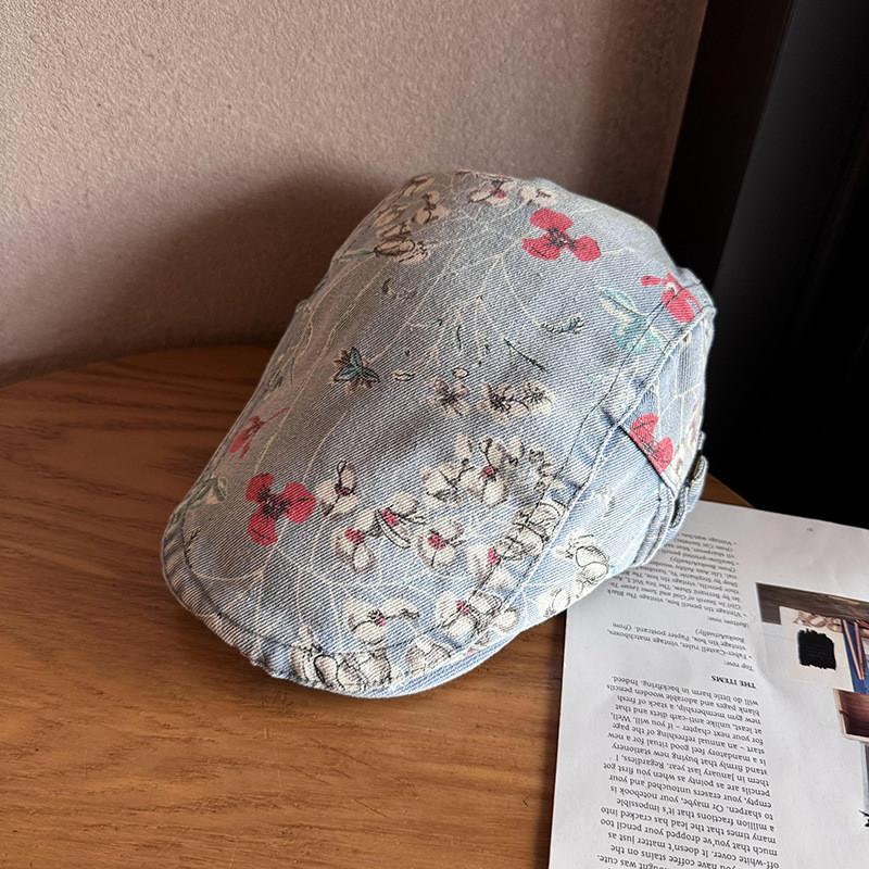 Ethnic Style Denim Cotton Cap With Floral Print For Streetwear And Sun Protection