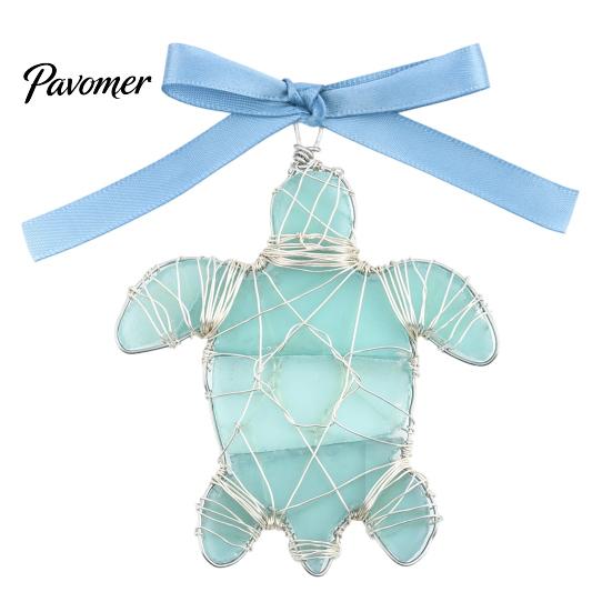 Artisanal Coastal Style Gifts Handmade Sea Glass Ocean Ornaments, 2D Wire Wrapped Christmas Tree Decoration, Story Collection Decor Turtle Octopus