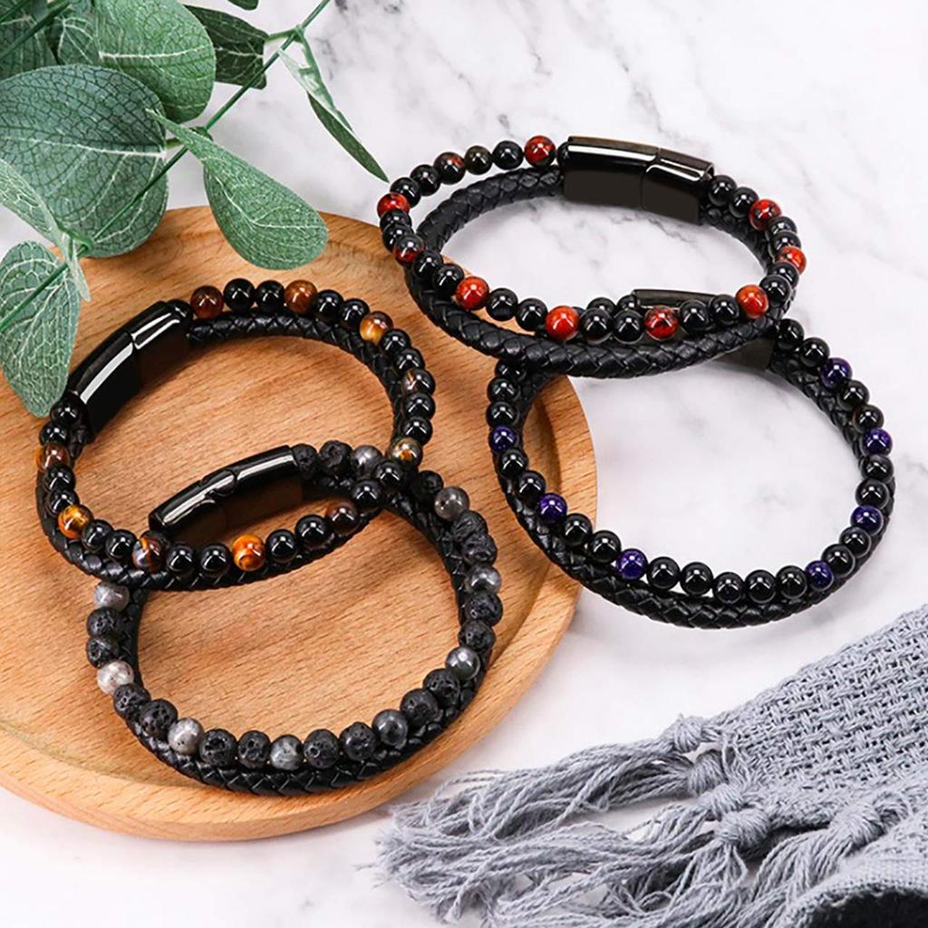 Chrome Crane Men's Bracelet with Natural Stones and Leather, Stylish Jewelry Accessory, WB117 (03.Gray)