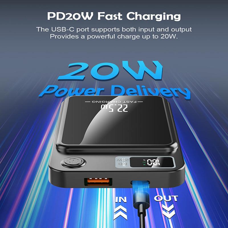 Magnetická bezdrátová powerbanka 10 000 mAh, podporuje rychlé nabíjení 22,5 W / PD 20 W, kompatibilní s telefony iPhone a Android