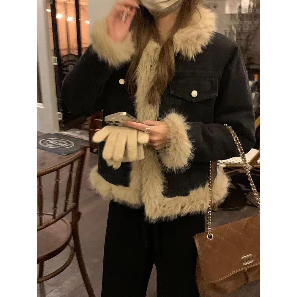 Damen Kapuzen-Jeansjacke mit langen Ärmeln Locker geschnitten Cropped Truckerjacke Koreanischer Pendlerstil Einreihiger Jean-Mantel