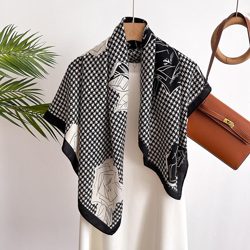 Color Matching Camellia 90Cm Simulated Silk Large Square Scarf Shawl Fashionable Versatile Printed Herringbone Scarf Headscarf Female New