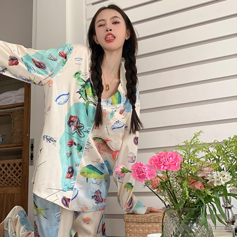 

Пижама женская высококачественная весенне-летняя с кардиганом с длинным рукавом, популярная, можно носить на улице, комплект из двух предметов для дома, в наличии 2XL