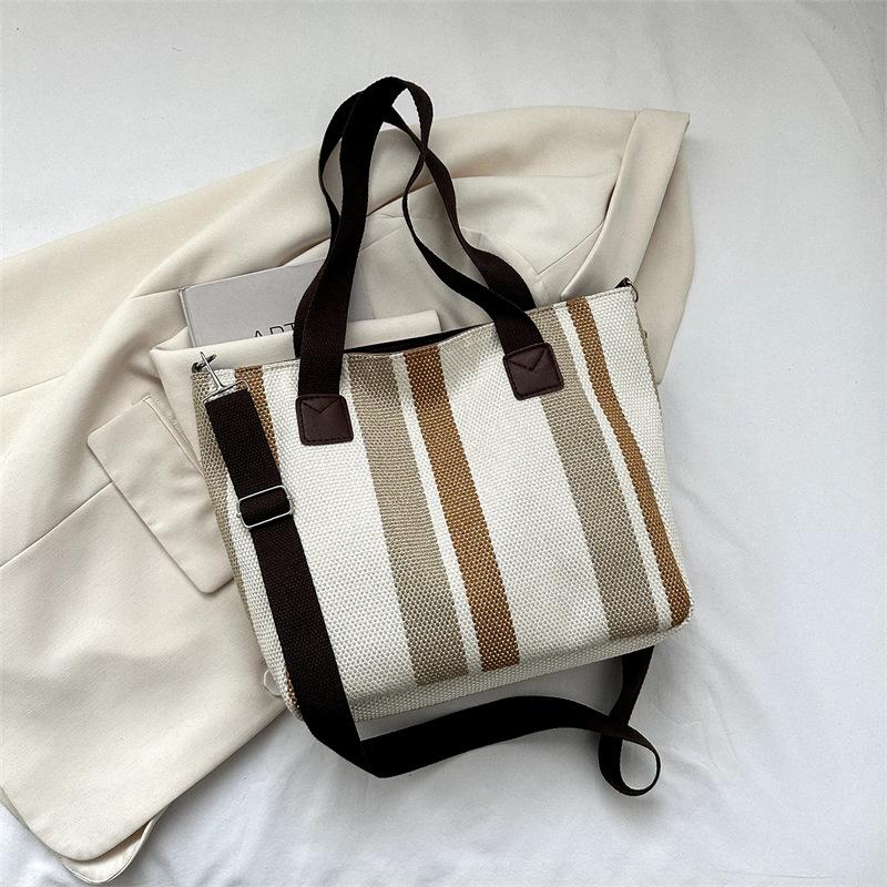 Big bag women's 2025 new fashion striped canvas bag commuter tote bag trendy shoulder messenger mommy bag