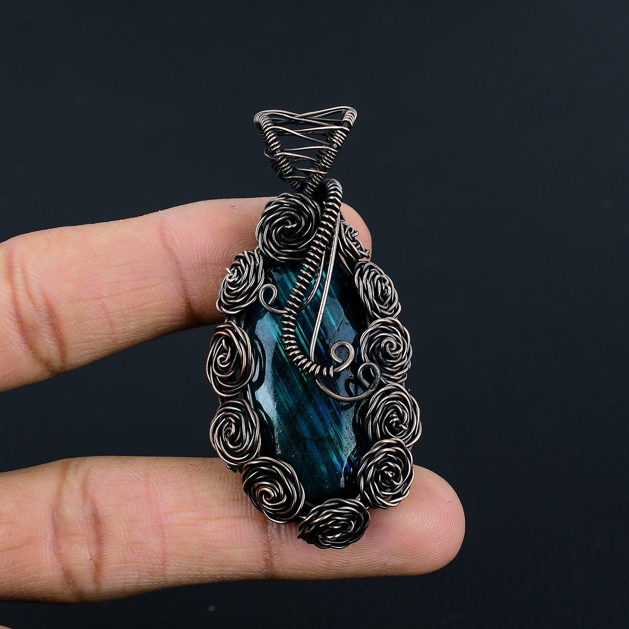 

Украшения из лабрадорита с синим отблеском, кулон, обернутый медной проволокой 999 пробы, украшения из драгоценных камней ручной работы, подарки для жены, совершенно новый кулон 2.55 Inches