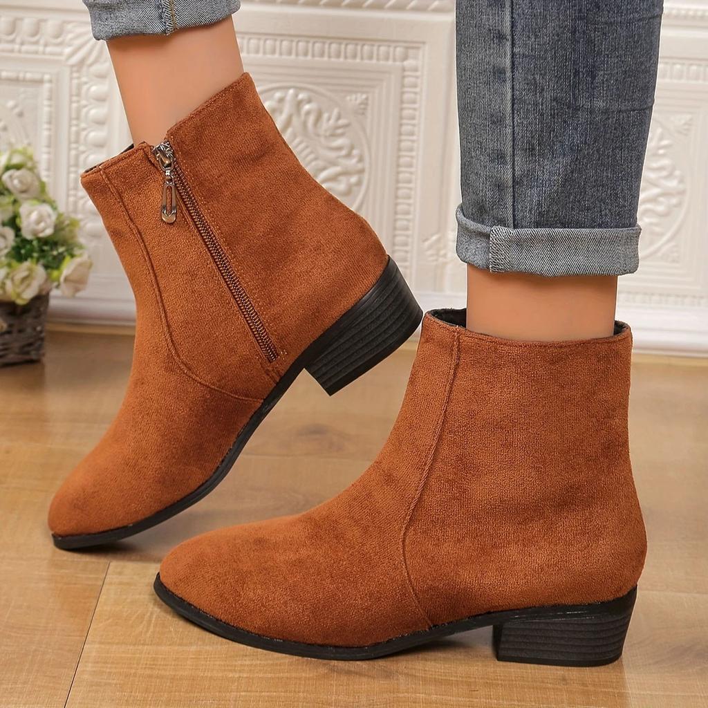Women'S Boots Large Size Fashion Solid Color European And Pointed Side Zipper Thick Heel All Short Suede Boots For Women Trendy