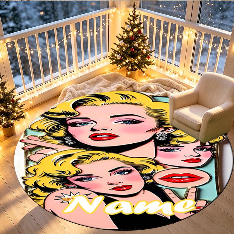 Custom Name Personalized Marilyn Monroe Print Round Rug, Versatile Home Decor Carpet, for Playroom, Apartment, Balcony, Entryway, Hallway Gift