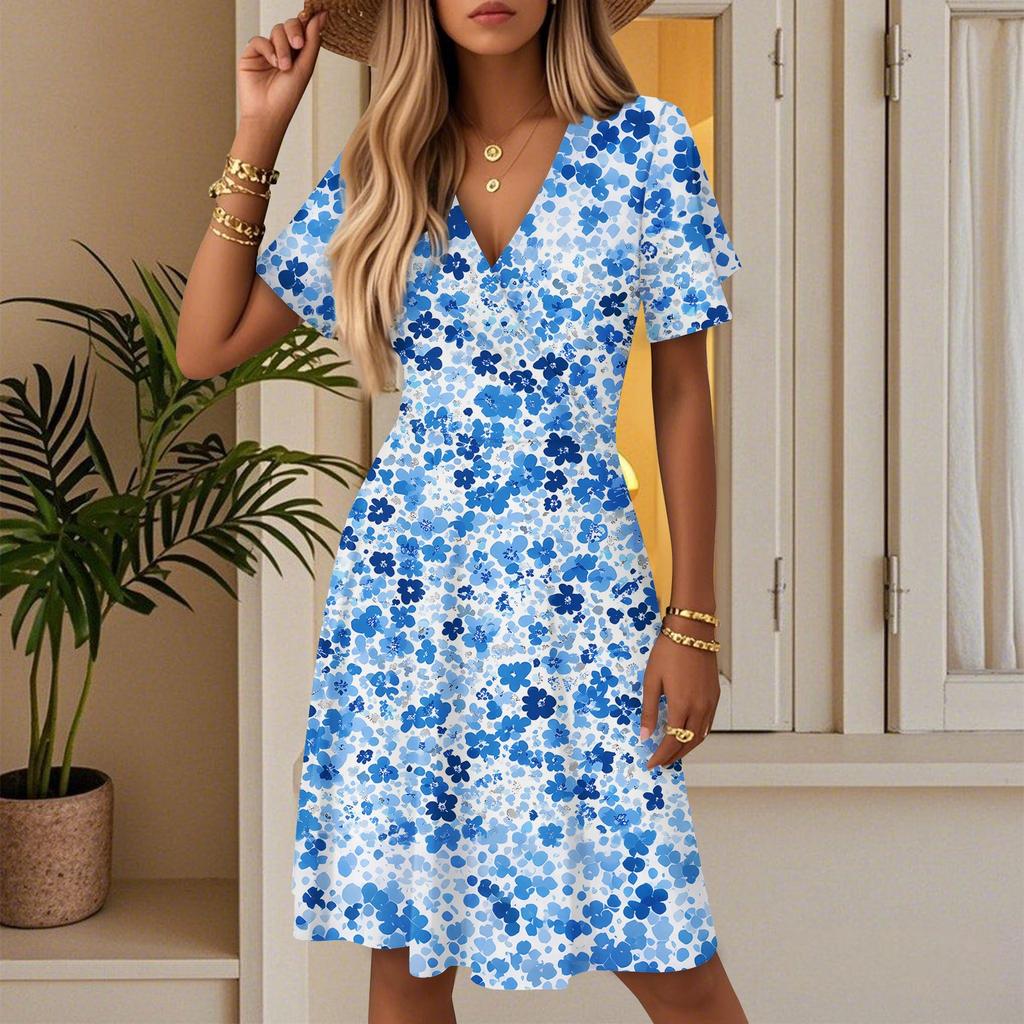 Damen Sommer Mode Blumenmuster Kleid Lässig Strand A-Linie V-Ausschnitt Lockeres Sommerkleid