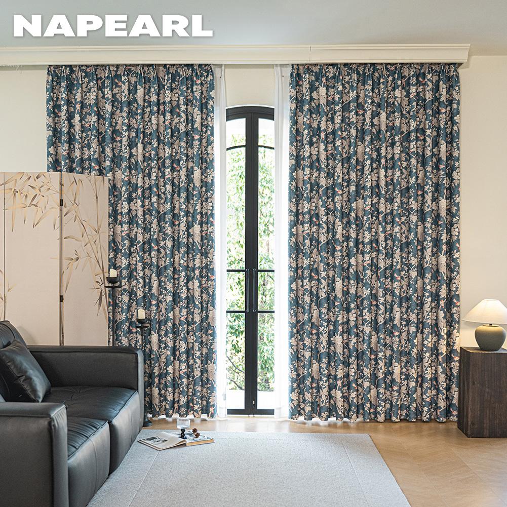 1PC NAPEARL American Retro Blue Background Floral and Bird Print Curtains 70-80% Blackout Curtains for Bedroom Living Room Window for Home Decor
