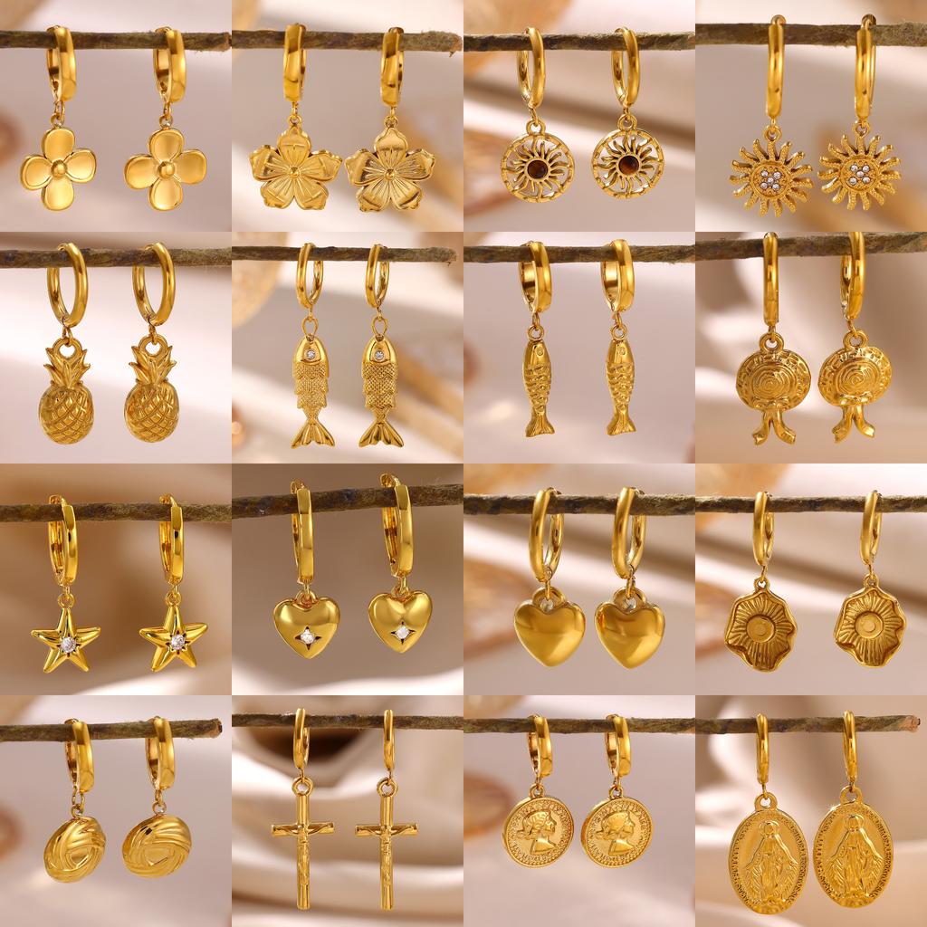 Cute Hoop Earrings Women's Party Geometric Heart Small Fish Gold Color Hanging Hoops Stainless Steel Jewelry Flower Earring Gift