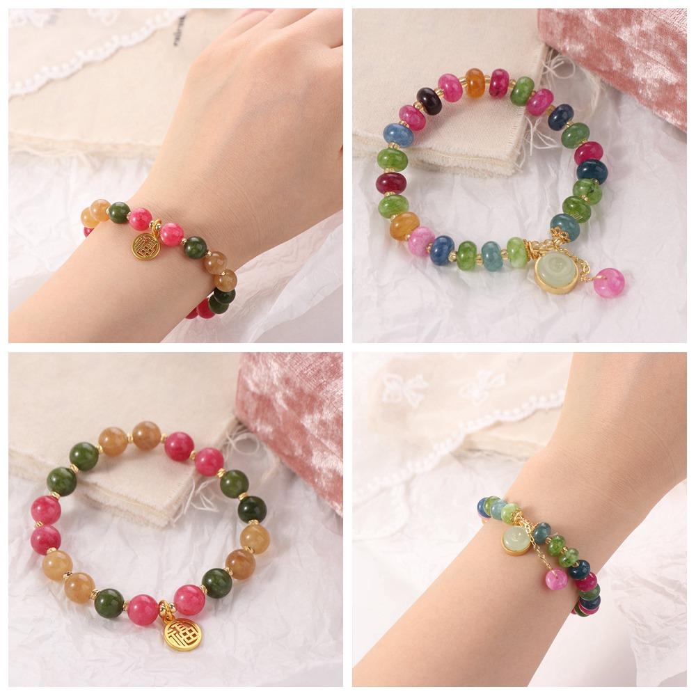 Colorful Bead String Bracelet Rabbit Pendant Beaded Hand Bangle Retro Stone Beads Bracelet  Girls
