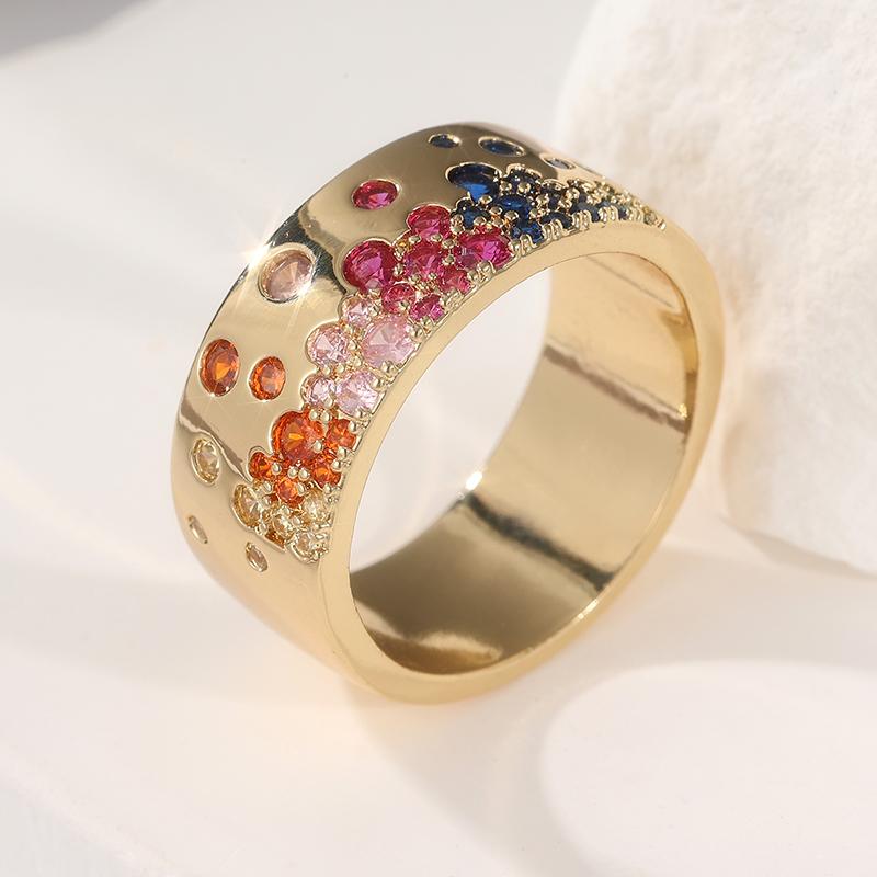 Exquisite Gold Color Inlaid Multicolored CZ Women's Ring Geometry Daily Wear Party Jewelry
