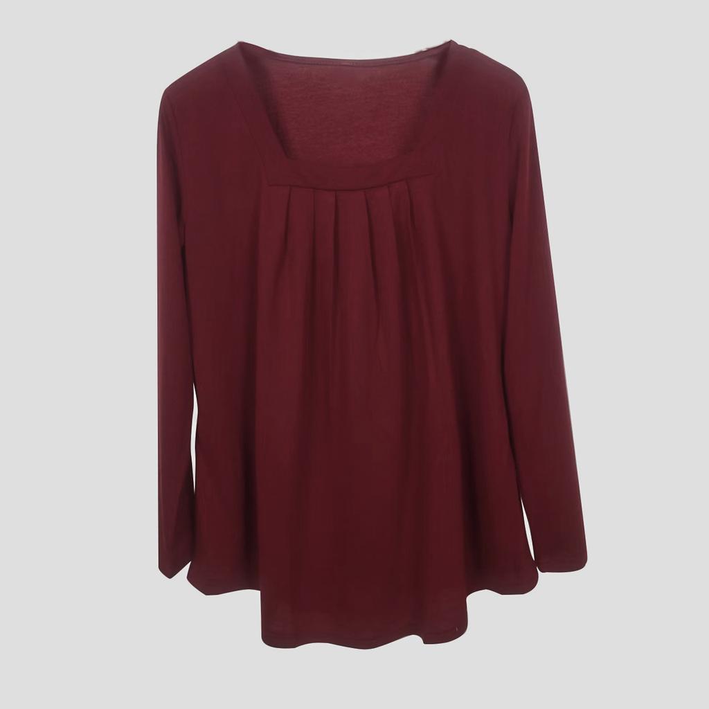 Women's Tops Fashion Clothing Spring and Autumn T-shirt Pleated Square Neck Long Sleeve Solid Color Pullover Casual Shirts Female