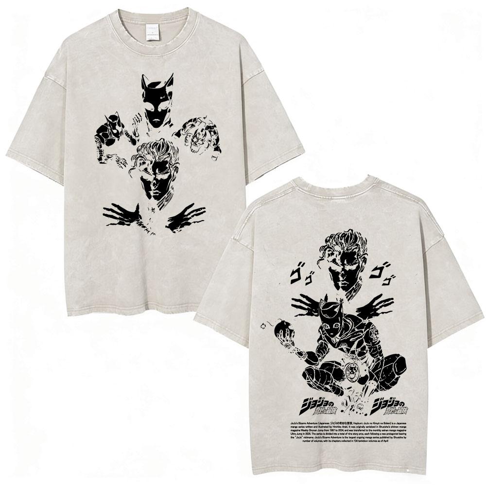 Anime Jojo Bizarre Adventure Kira Yoshikage Killer Queen Acid Washed T Shirt Mens Casual Cotton Short Sleeves Oversized Tshirts