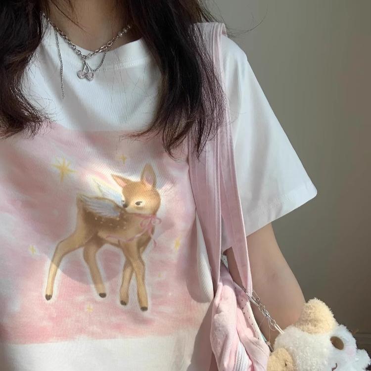 summer pure cotton Women cute cartoon Print T-Shirt harajuku Round Neck oversize Casual Y2K Tops young girl white t shirts streetwear