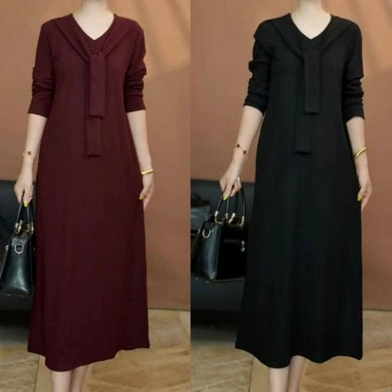 2025 Autumn/Winter Women's Long-Sleeve Loose Slimming Mid-Length Solid Color Dress