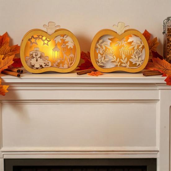 Yousheng Halloween Wooden Lighted Pumpkin for Tabletop, Spooky Pumpkin Lantern Shadow Box for Halloween Party, Dinning, Coffee Table Decoration