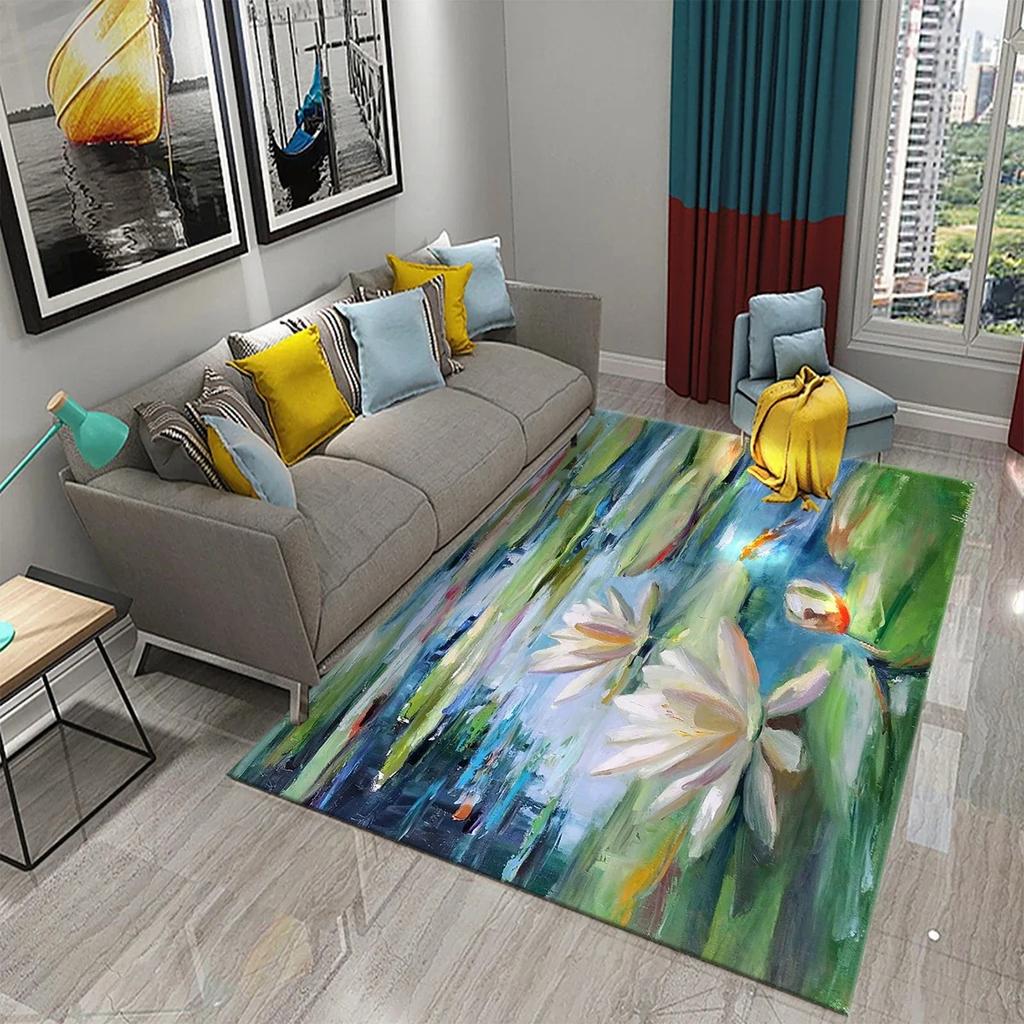 3D Water Lily Abstract Oil Painting Carpet Bathroom Kitchen Non-Slip Doormat Rug Bedroom Living Room Decor