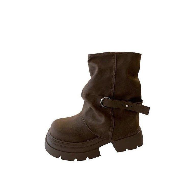 Women's Boots  Spring/Autumn New Brown British Style Retro Round Head Thick Bottom Pants Boots Women