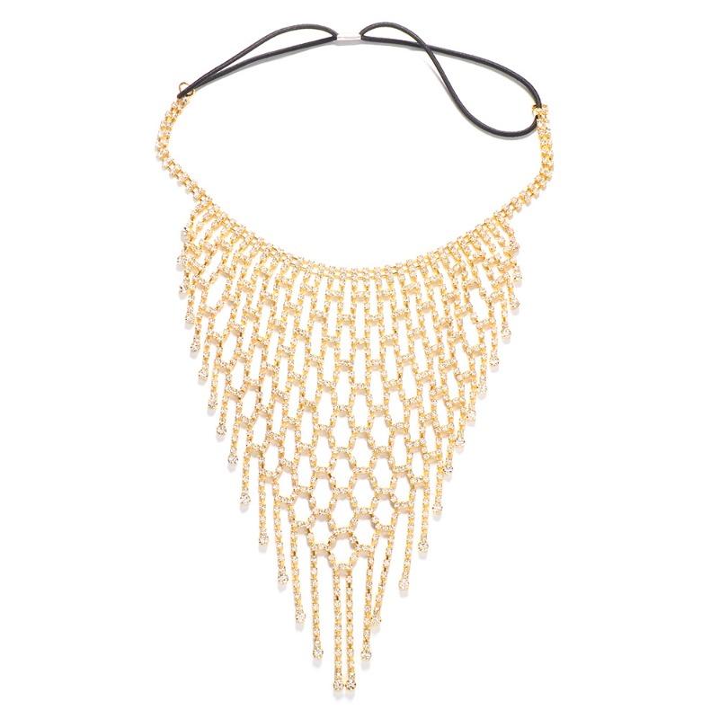 European and American Fashion Rhinestone Mask Female, Sexy Exaggerated Grid Hollow Tassel Decoration gold