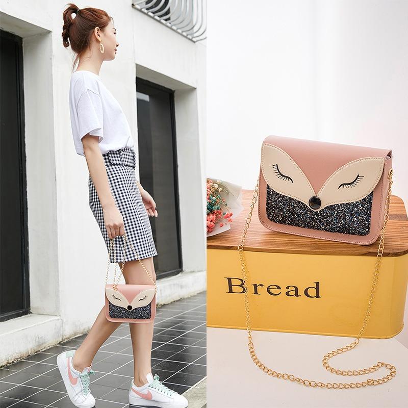 Fashion Trend Sequined Fox Face Decoration Women's Bag Versatile Magnetic Buckle Chain Small Square Bag