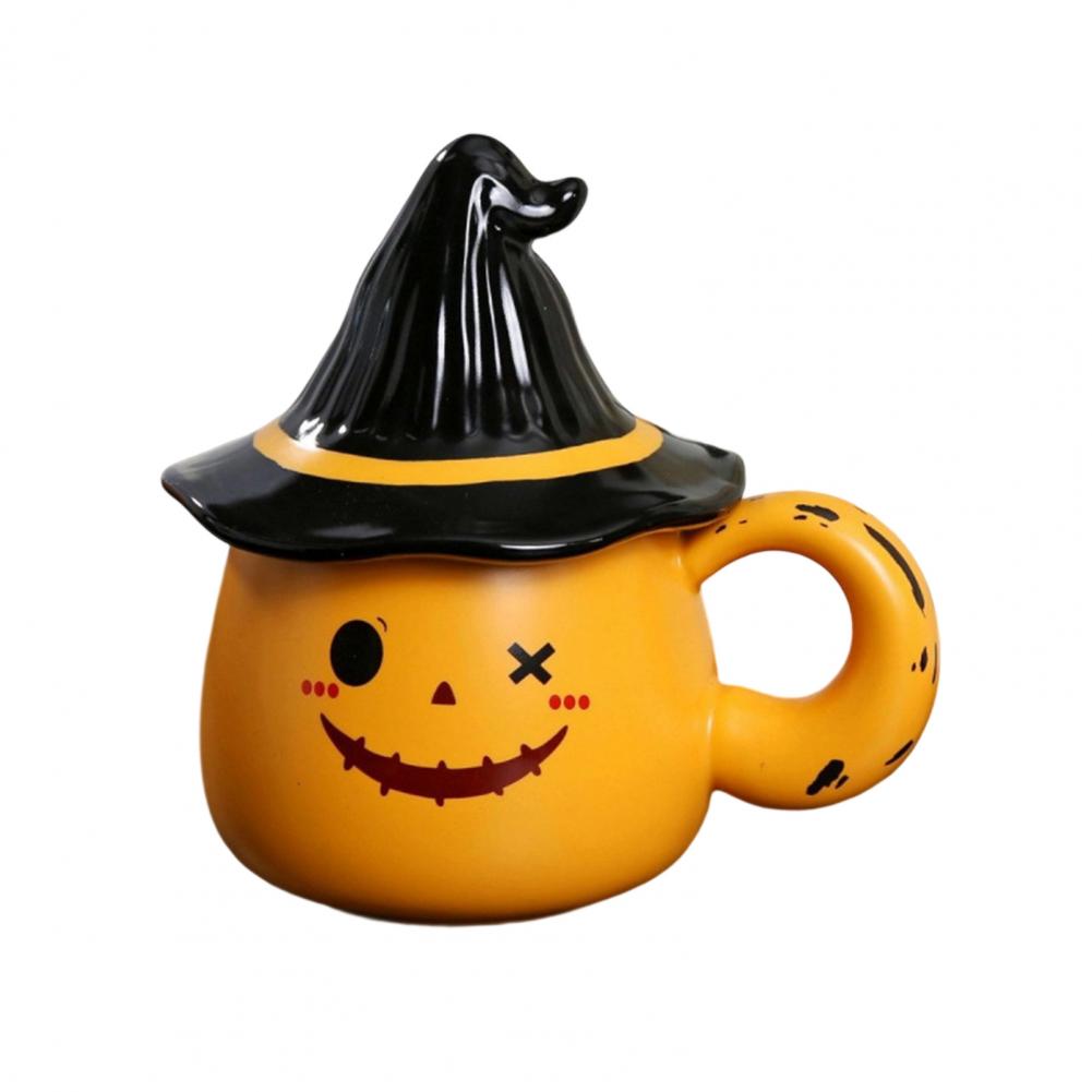 Sturdy Ceramic Drinkware Handmade Ghost Pattern Ceramic Cup with Elf Hat Lid Halloween Theme Artwork Mug for Use Unique