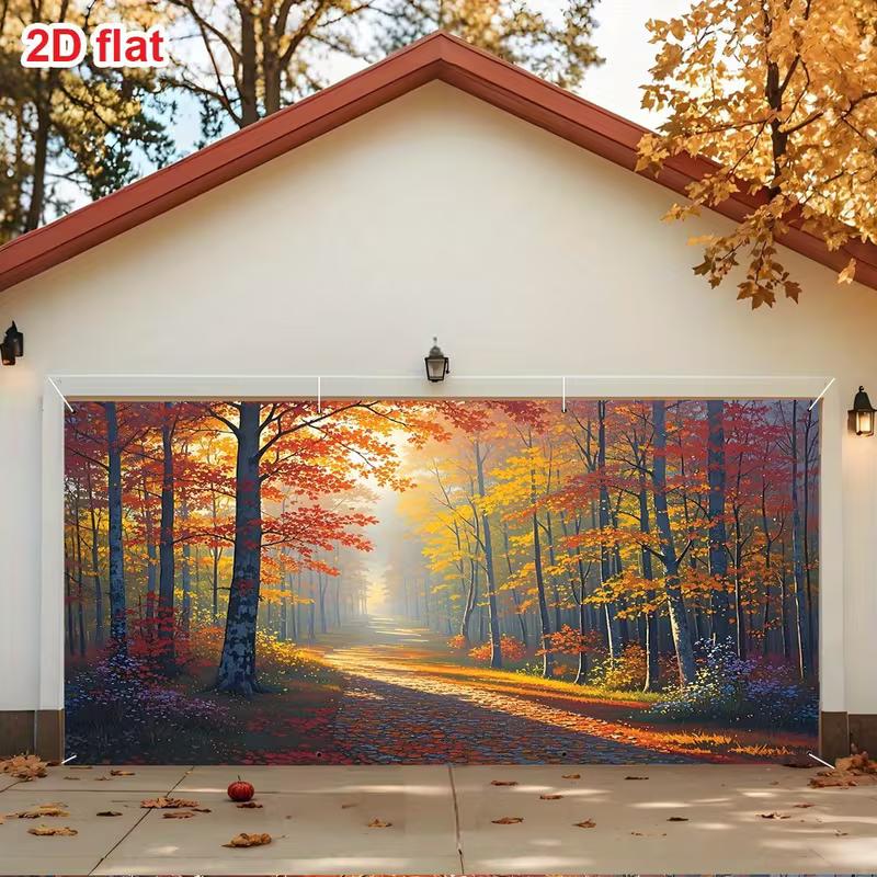 2D Flat Printing Fall Garage Door Backdrop, Autumn Forest Photography Background