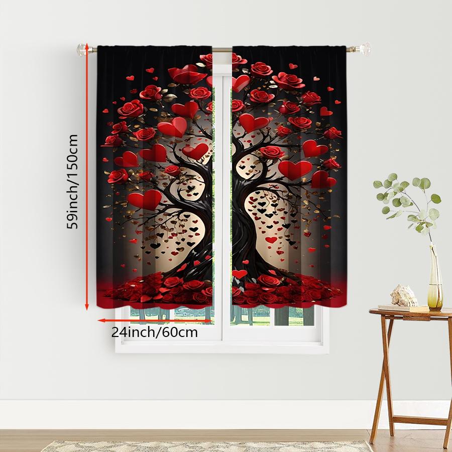 2 PCS Romantic Rose Heart Tree Printed Curtains Flat Print Valentine's Day Window Decor Living Room Bedroom Decor
