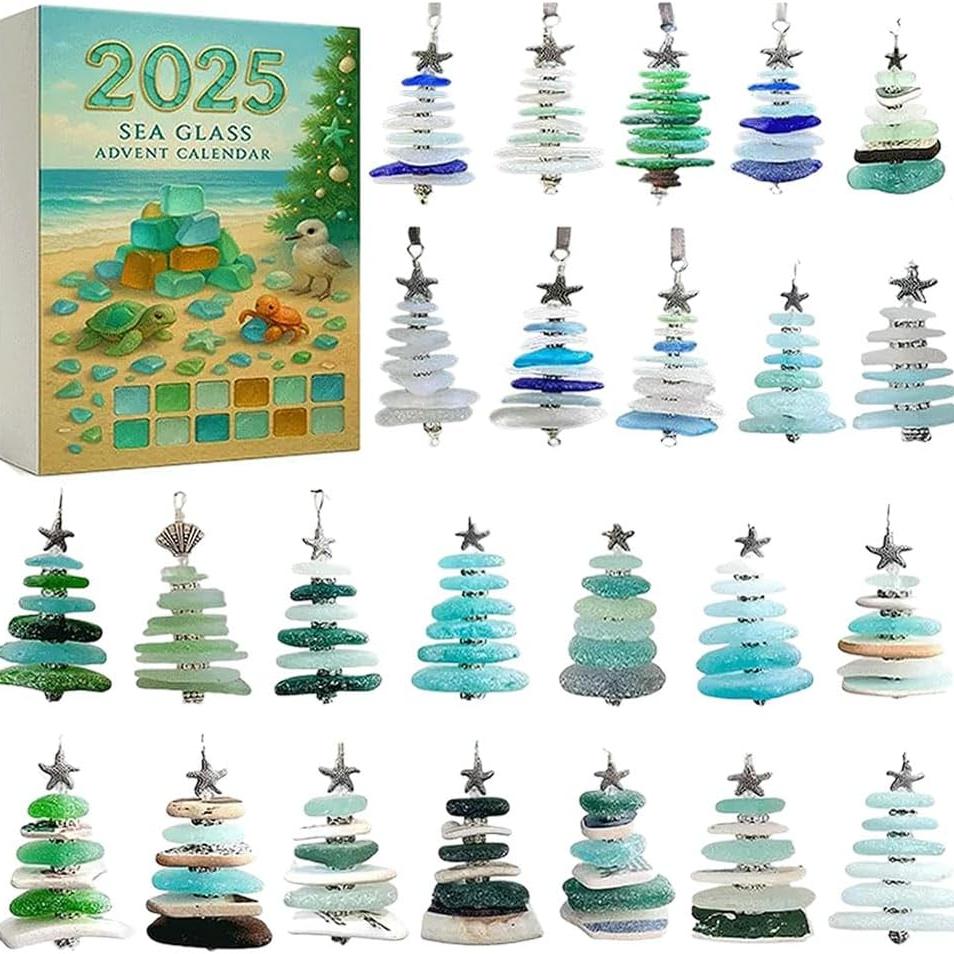 

Рождественский адвент-календарь «Рождественская елка из морского стекла», 24 дня до Рождества, календарь обратного отсчета с 24 мини-украшениями для рождественской елки из морского стекла 3D Sea glass